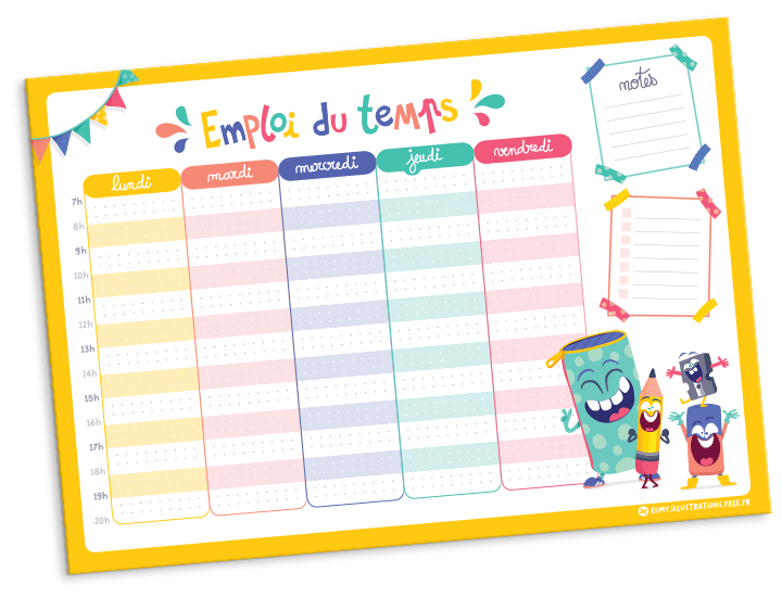 emploi du temps scolaire pour enfants illustrateur